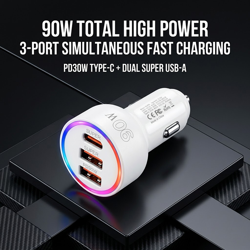 Usb C Hub - Ładowarka samochodowa 90W z wielokolorowym oświetleniem
